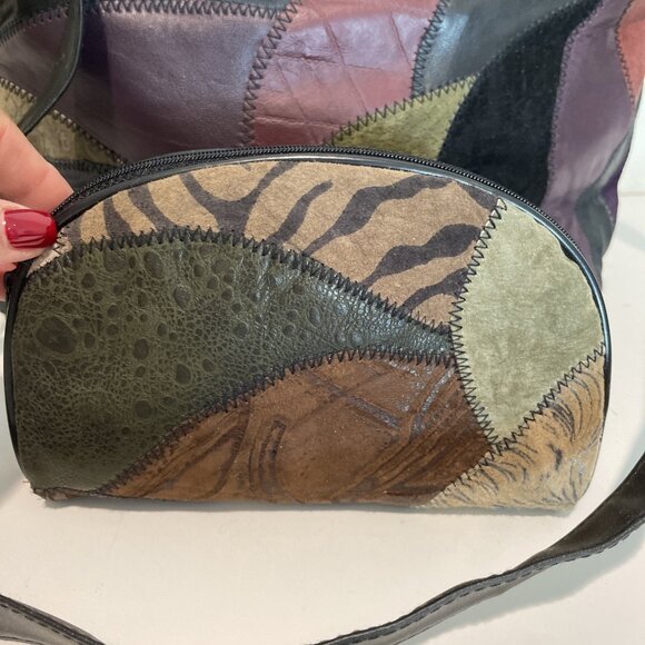 VTG Michael Stevens Leather Patchwork Shoulder Bag w/ Matching Makeup Bag NEW - Picture 2 of 16
